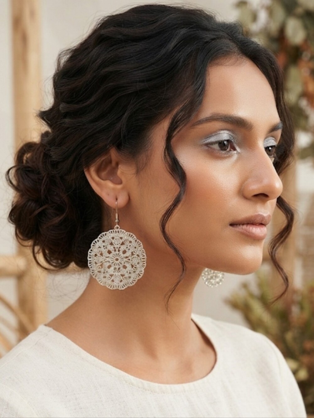Silver-tone Filigree Mandala Drop Earrings Chic Medallion Cutout Lightweight